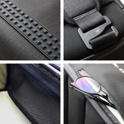 SAAL Surfpack details: textured panel, buckle strap, mesh pocket and soft-lined sunglasses pocket