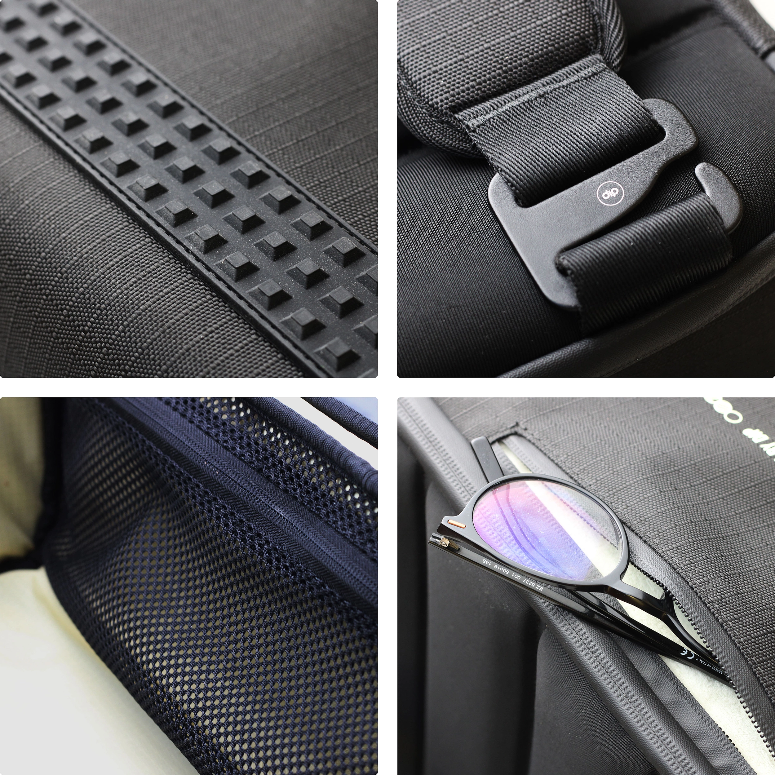 SAAL Surfpack details: textured panel, buckle strap, mesh pocket and soft-lined sunglasses pocket