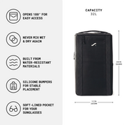 SAAL Surfpack features and 32L capacity dimensions infographic