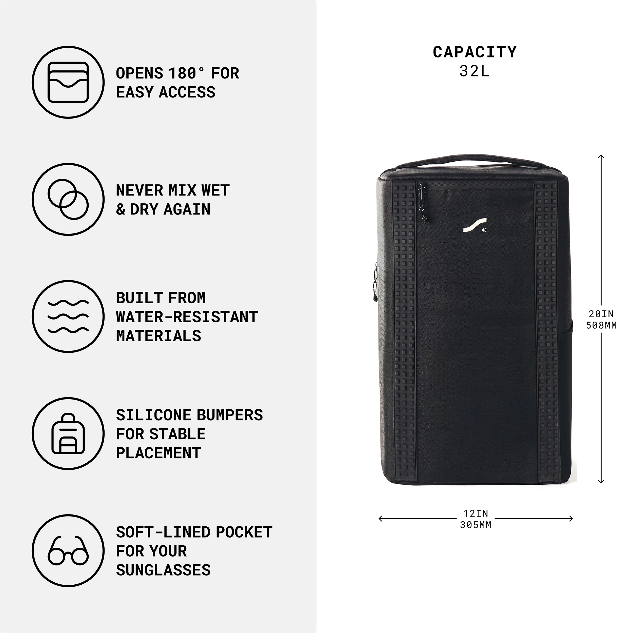 SAAL Surfpack features and 32L capacity dimensions infographic