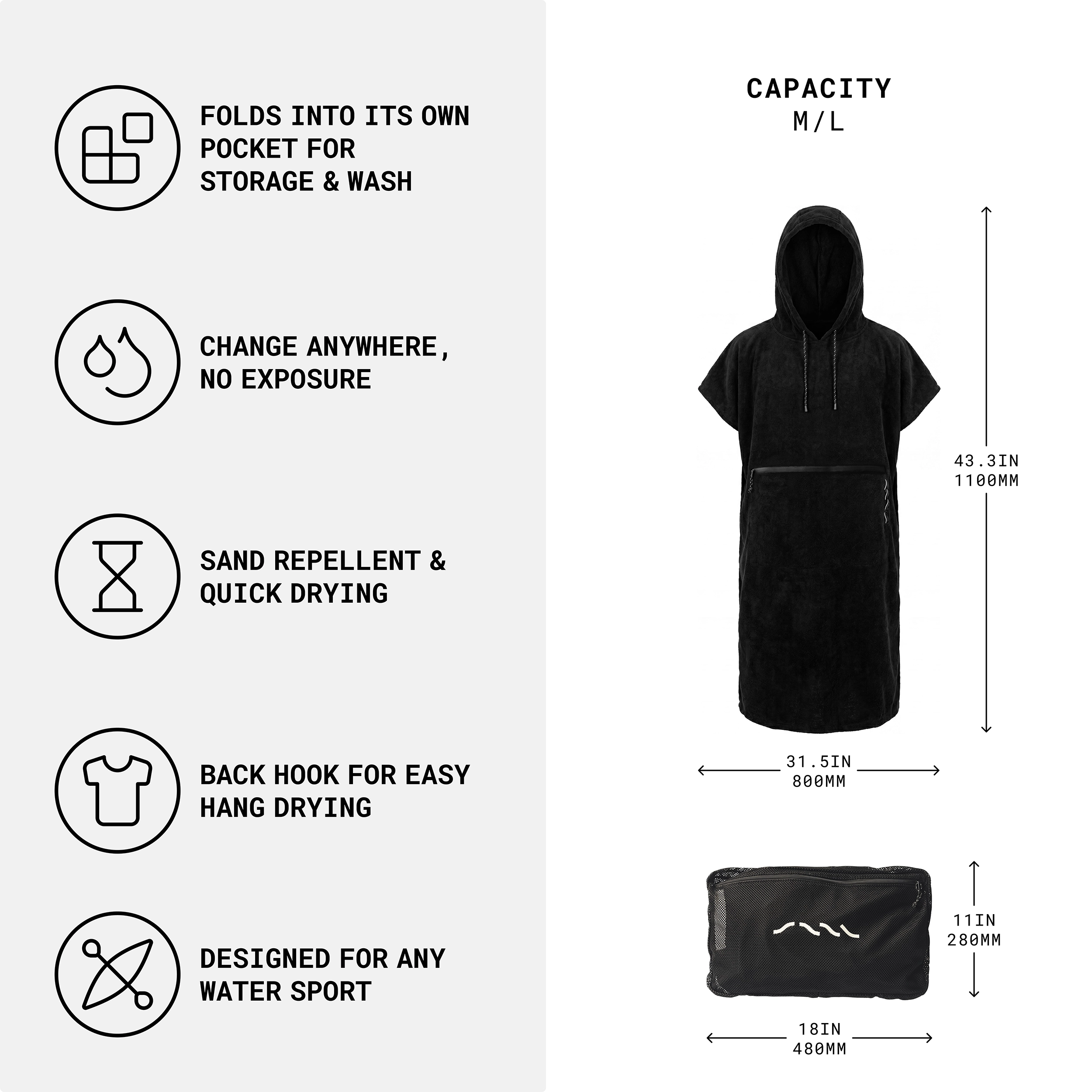 SAAL Surf Changing Poncho features and size infographic