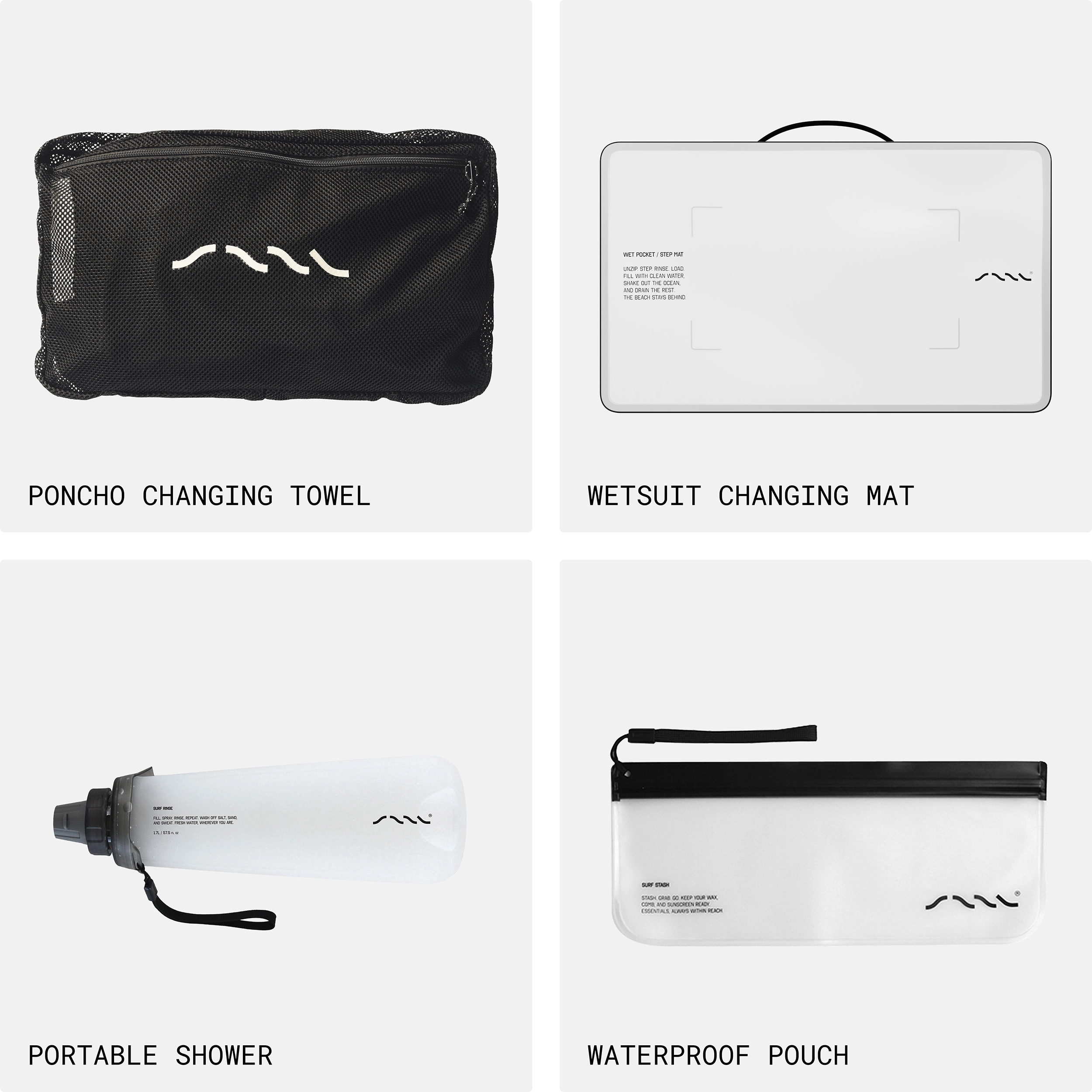 SAAL kit accessories: poncho changing towel, wetsuit changing mat, portable shower and waterproof pouch