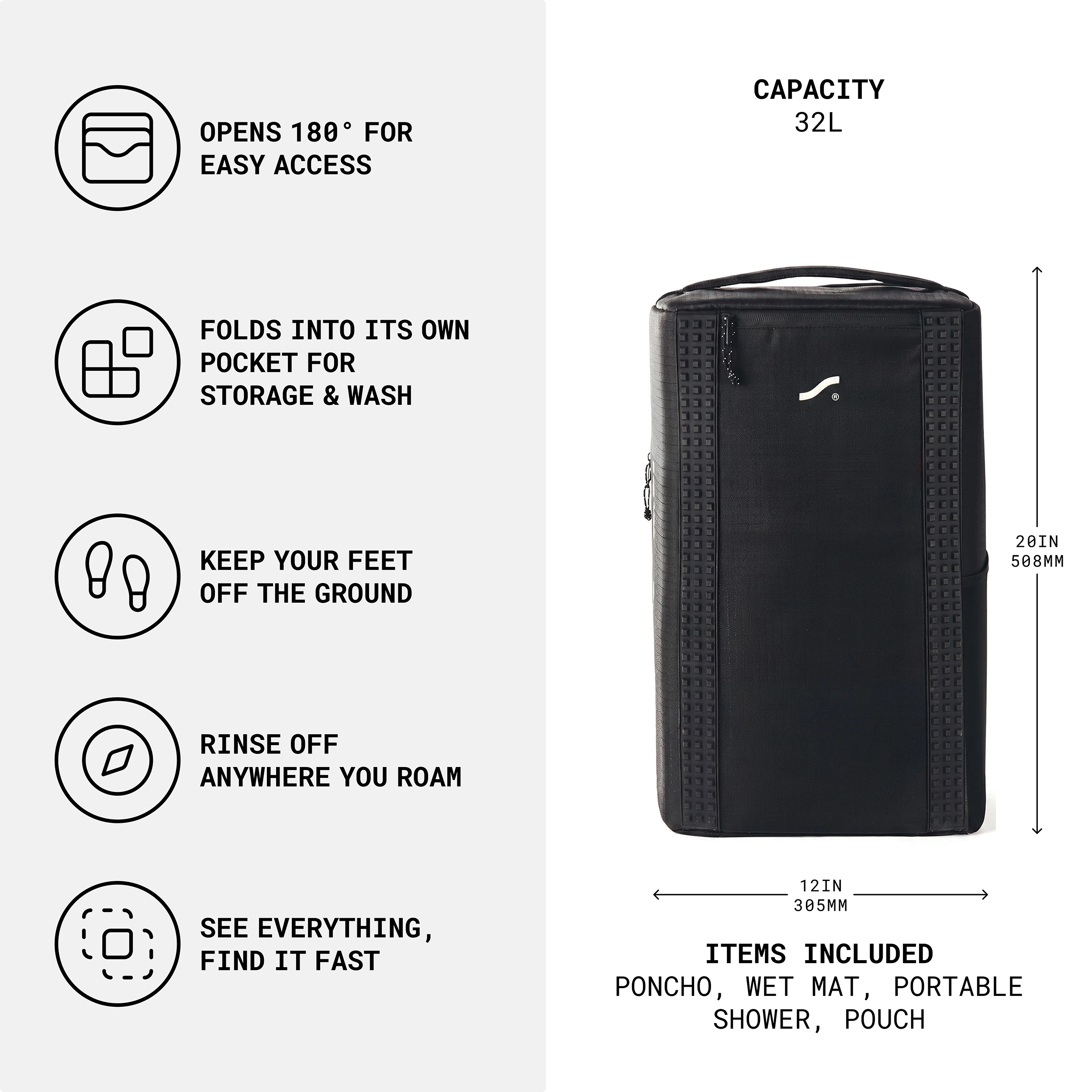 SAAL Full Bag Kit features and 32L capacity infographic