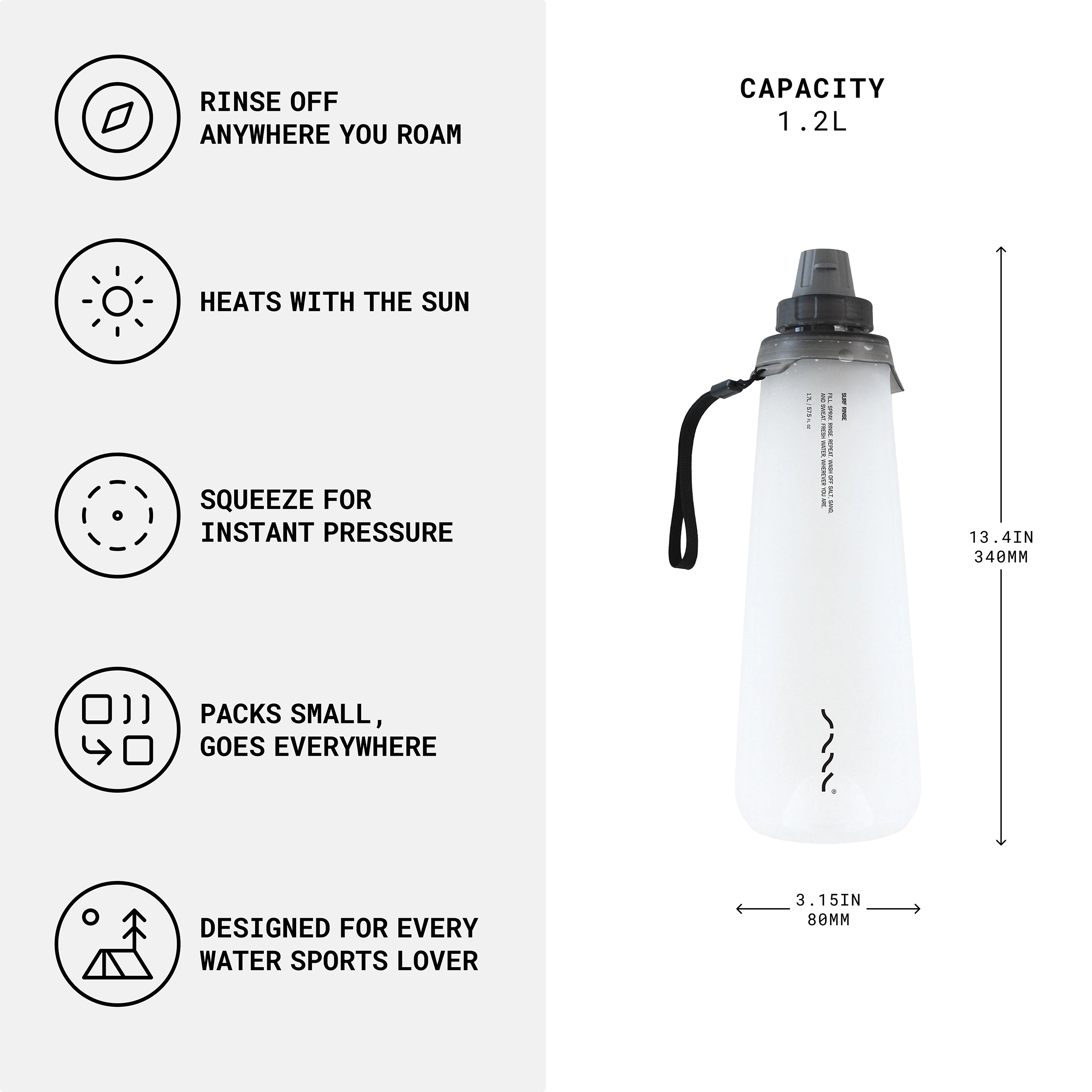 SAAL Surf Rinse features and 1.2L capacity infographic
