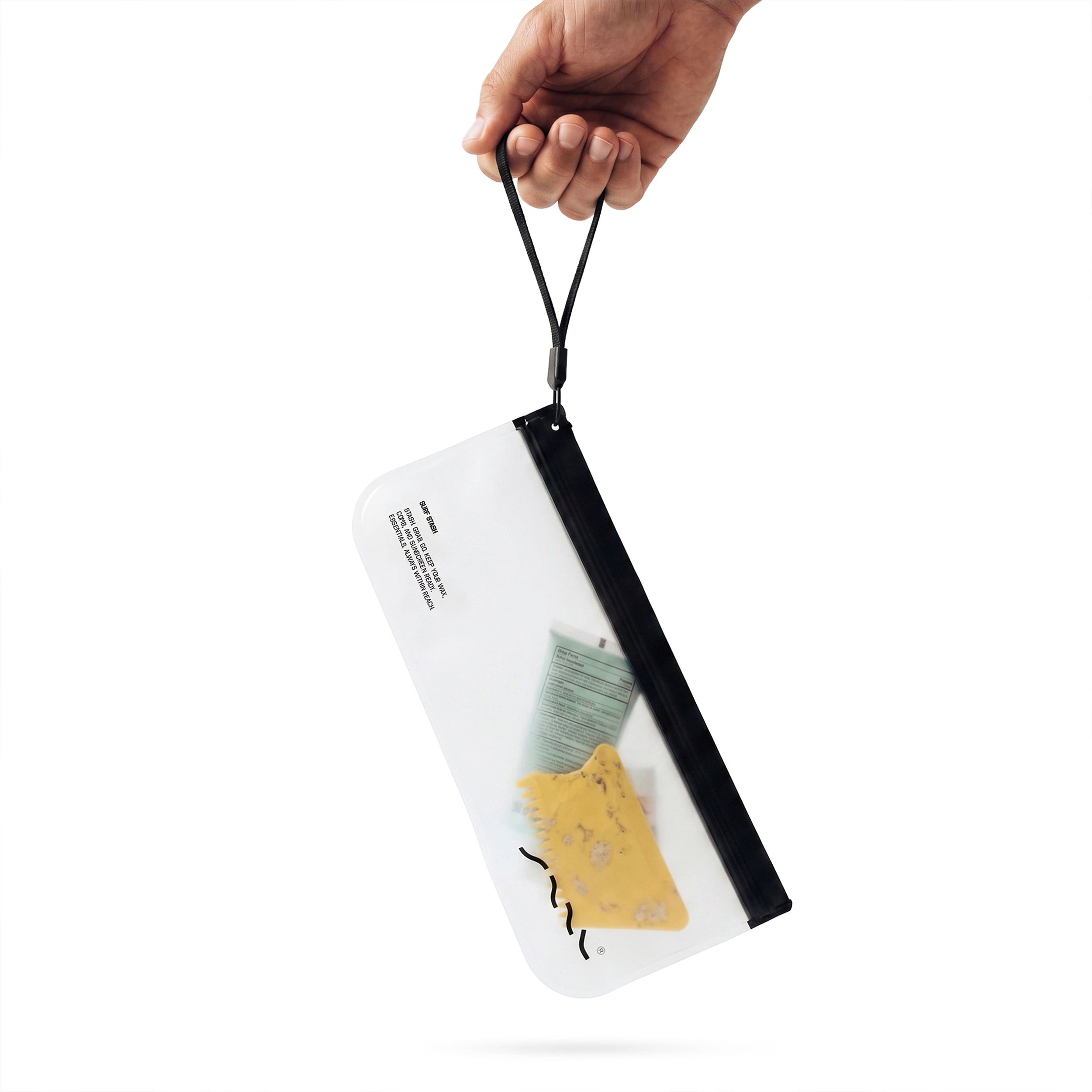 SAAL Surf Stash pouch carried by its wrist strap