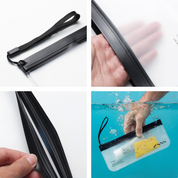 SAAL Surf Stash details: wrist strap, translucent body, sealed zipper and waterproof use