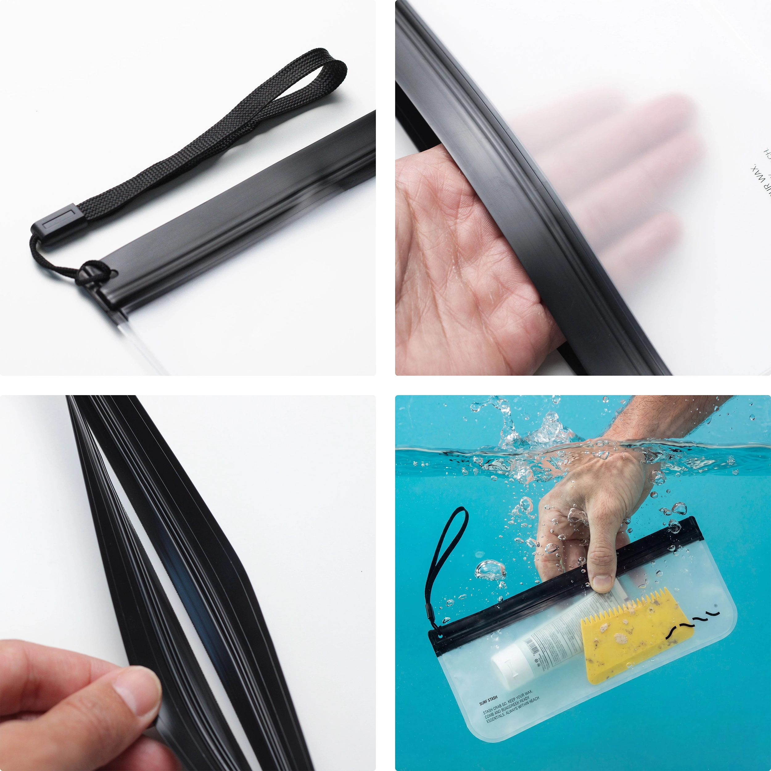 SAAL Surf Stash details: wrist strap, translucent body, sealed zipper and waterproof use
