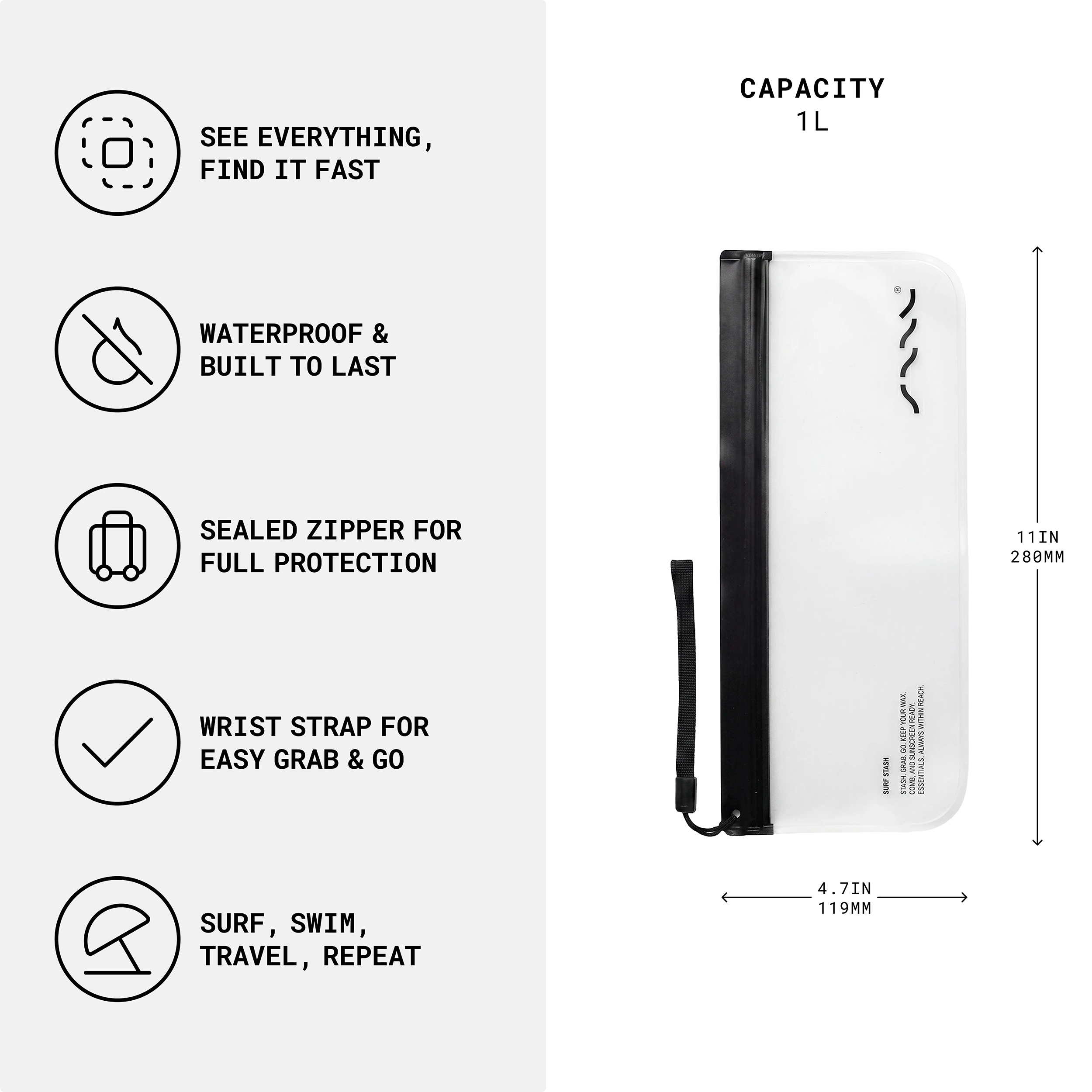 SAAL Surf Stash pouch features and 1L capacity infographic