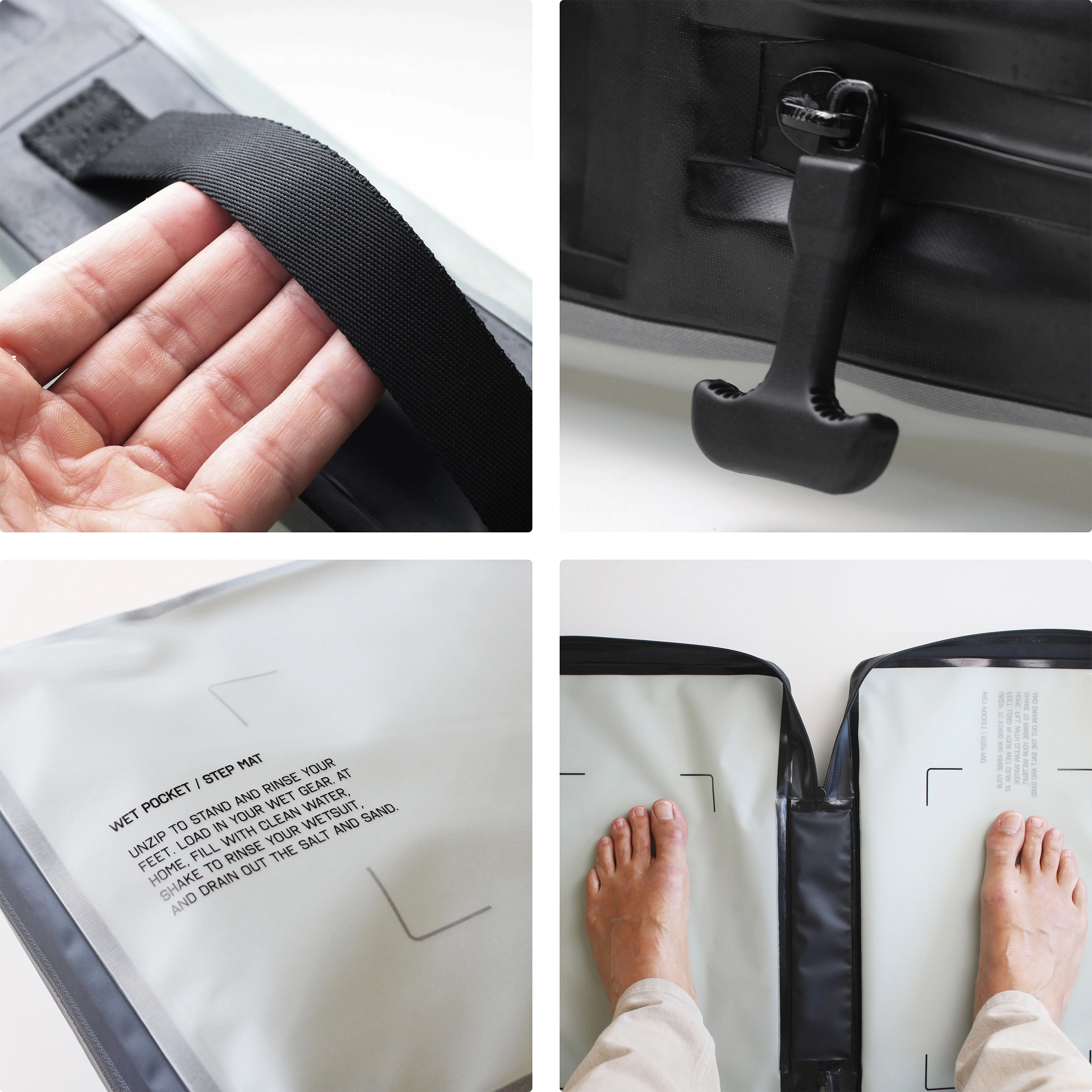 SAAL Wet Pocket details: carry handle, sealed zipper, easy-clean surface and wide changing area