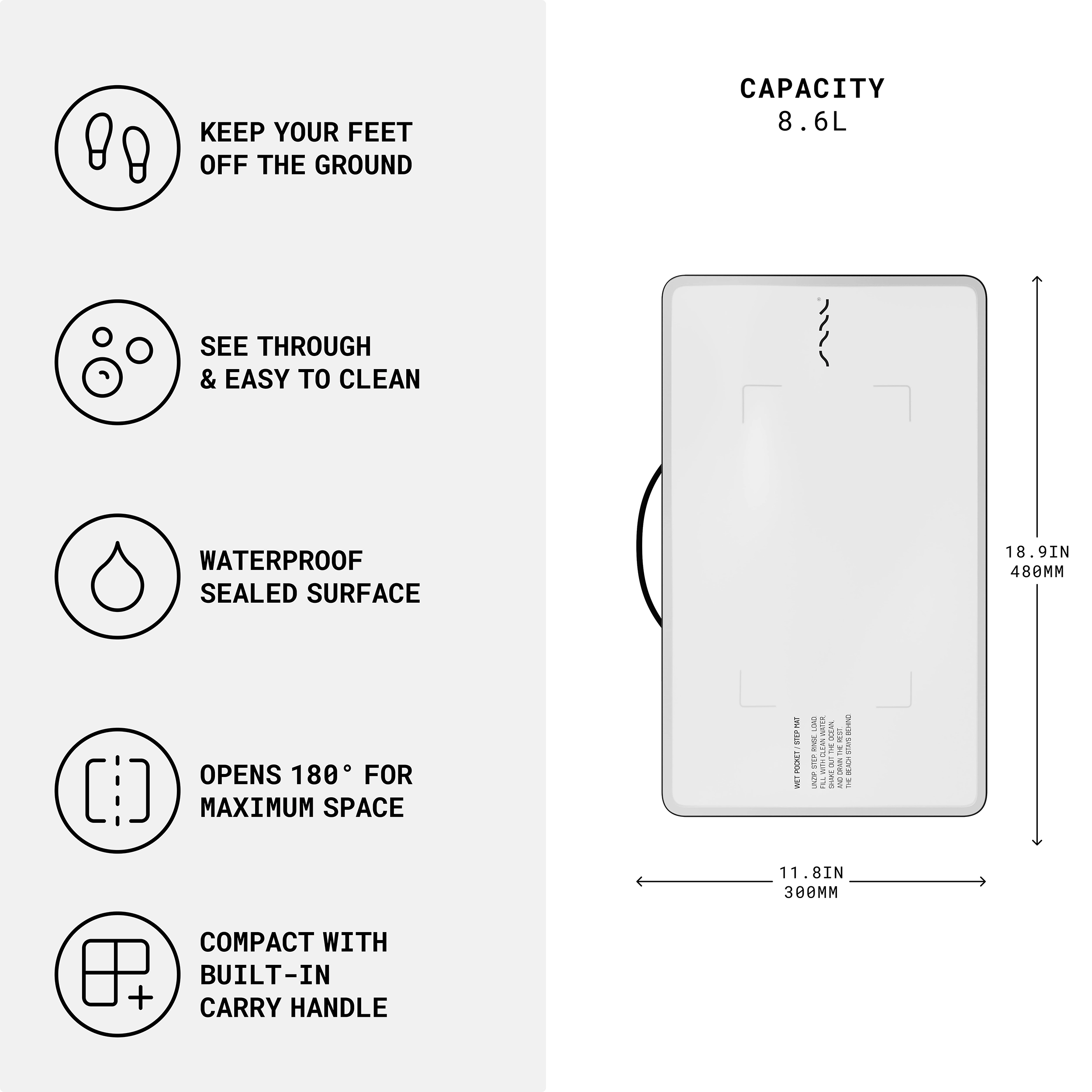 SAAL Wet Pocket step mat features and 8.6L capacity infographic